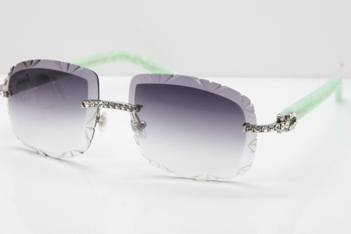 Cartier Rimless 8200762 Big Diamond Marble Green Aztec Arms Sunglasses In Gold Gray Lens 