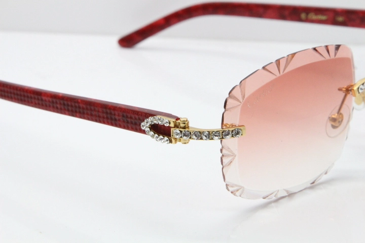 Cartier Rimless 8200762 Big Diamond Marble Red Aztec Arms Sunglasses In Gold Pink Lens