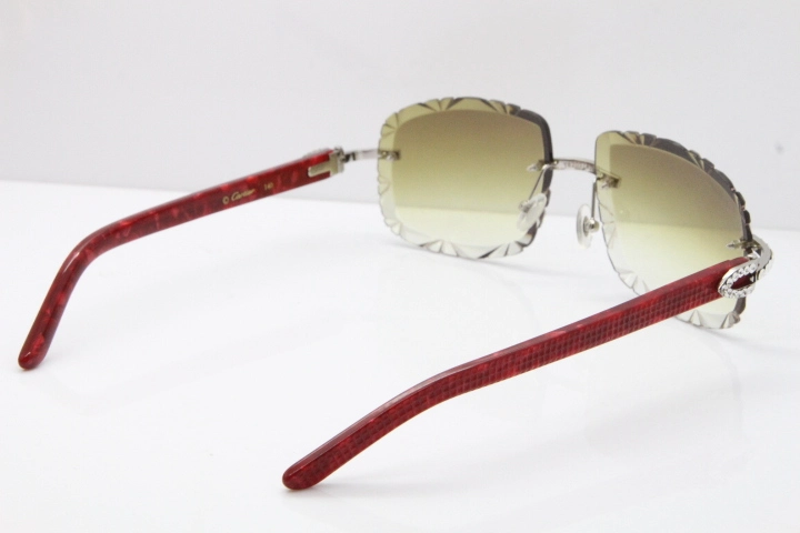 Cartier Rimless 8200762 Big Diamond Marble Red Aztec Arms Sunglasses In Gold Brown Lens