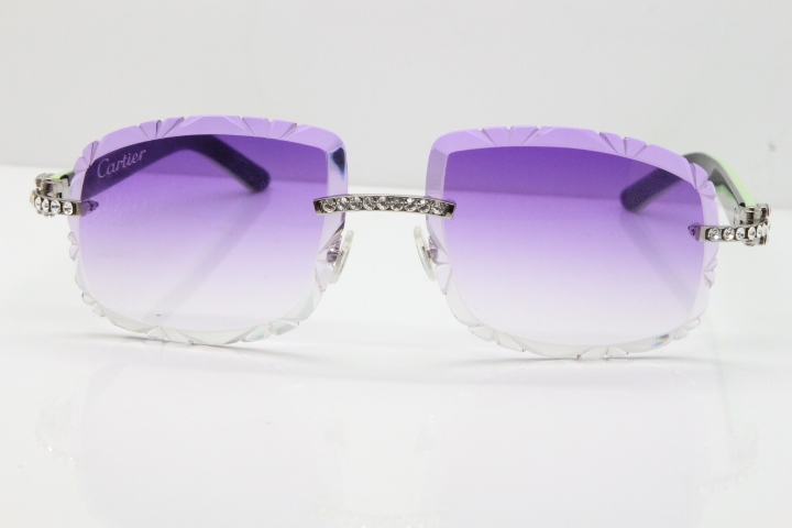 Cartier Rimless 8200762 Big Diamond  Black Green Aztec Arms Sunglasses In Gold Purpel Lens 