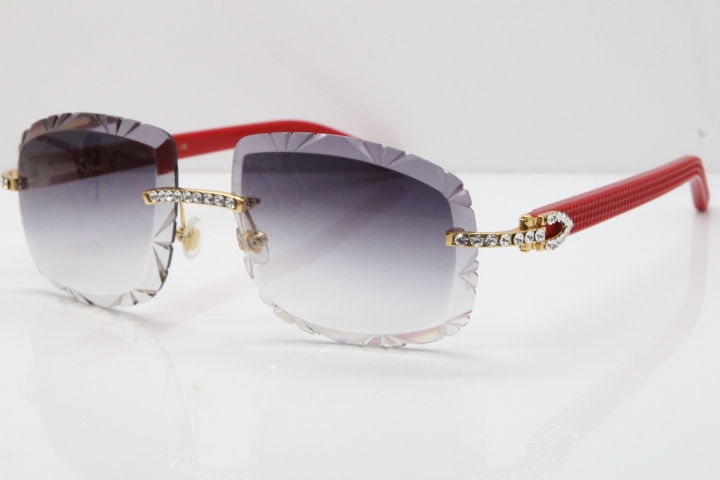 Cartier Rimless 8200762 Big Diamond Red Aztec Arms Sunglasses In Gold Gray Lens