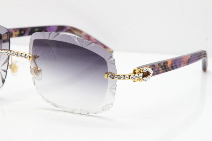 Cartier Rimless 8200762 Big Diamond Marble Purple Aztec Arms Sunglasses In Gold Gray Lens