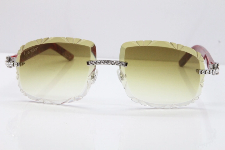 Cartier Rimless 8200762 Big Diamond Marble Red Aztec Arms Sunglasses In Gold Brown Lens