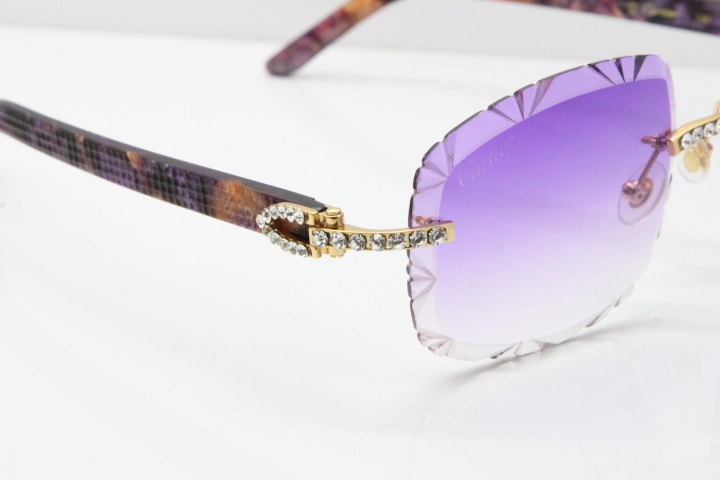 Cartier Rimless 8200762 Big Diamond Marble Purple Aztec Arms Sunglasses In Gold Purple Lens