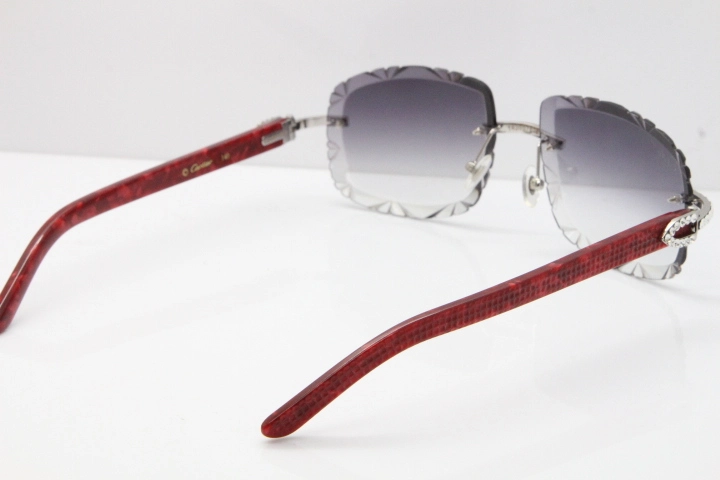 Cartier Rimless 8200762 Big Diamond Marble Red Aztec Arms Sunglasses In Gold Gray Lens