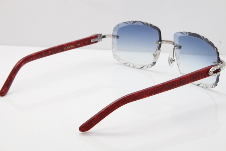 Cartier Rimless 8200762 Big Diamond Marble Red Aztec Arms Sunglasses In Gold Blue LensLens