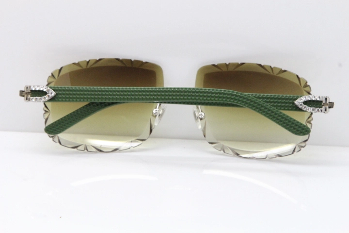 Cartier Rimless 8200762 Big Diamond Green Aztec Arms Sunglasses In Gold Brown Lens 