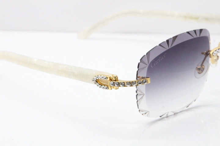 Cartier Rimless 8200762 Big Diamond Marble White Aztec Arms Sunglasses In Gold Gray Lens