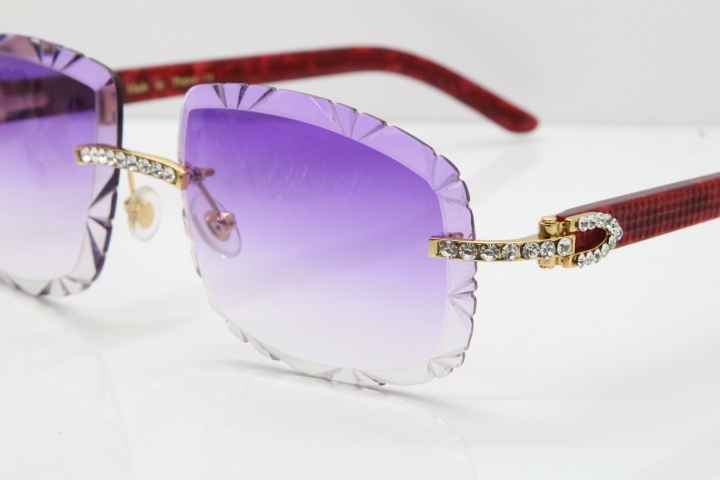 Cartier Rimless 8200762 Big Diamond Marble Red Aztec Arms Sunglasses In Gold Purple Lens