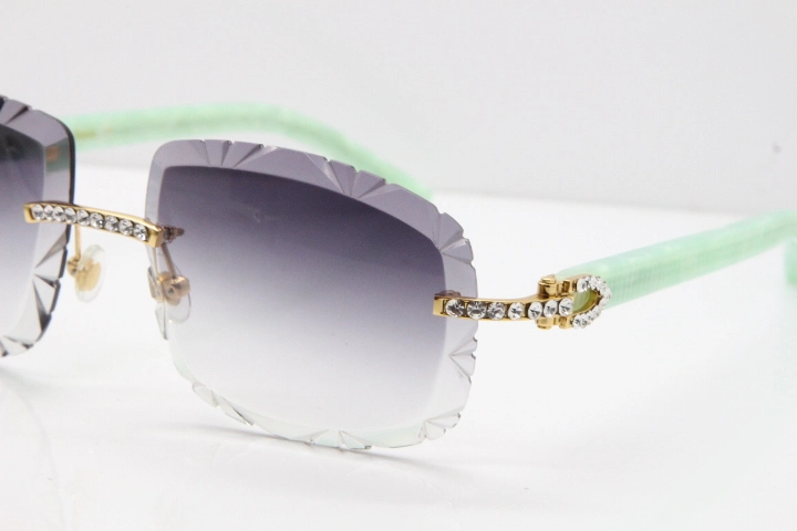 Cartier Rimless 8200762 Big Diamond Marble Green Aztec Arms Sunglasses In Gold Gray Lens 