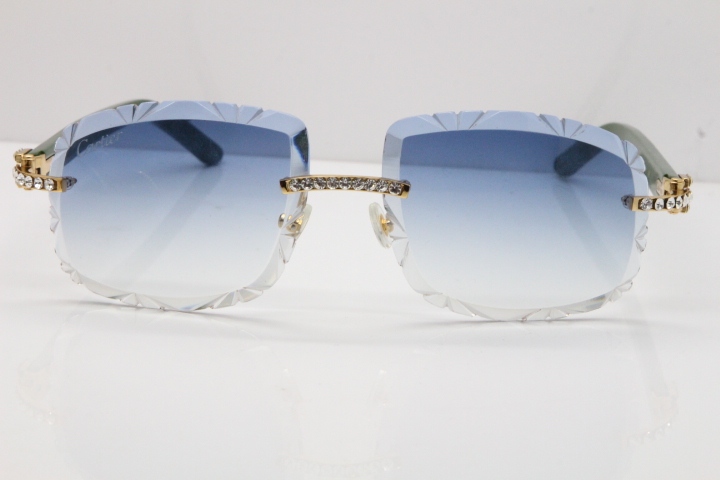 Cartier Rimless 8200762 Big Diamond Green Aztec Arms Sunglasses In Gold Blue Lens 