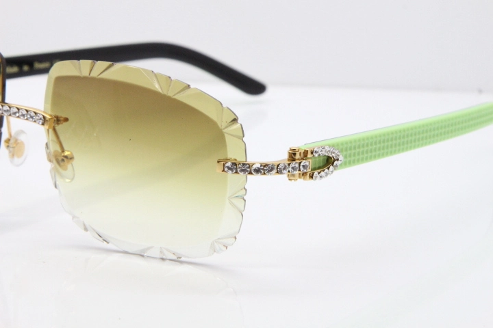 Cartier Rimless 8200762 Big Diamond Black Green Aztec Arms Sunglasses In Gold Brown Lens