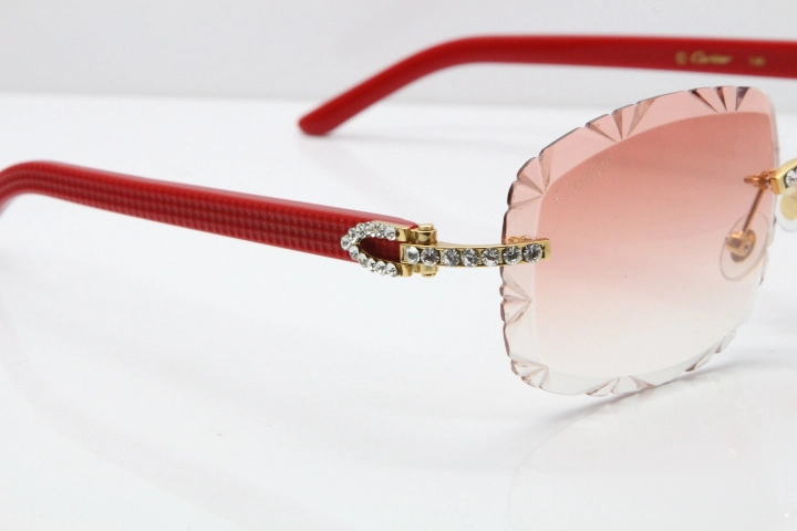 Cartier Rimless 8200762 Big Diamond Red Aztec Arms Sunglasses In Gold Pink Lens