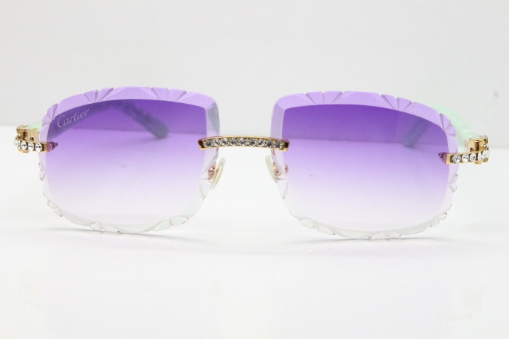 Cartier Rimless 8200762 Big Diamond Marble Green Aztec Arms Sunglasses In Gold Purple Lens 