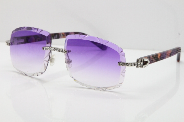 Cartier Rimless 8200762 Big Diamond Marble Purple Aztec Arms Sunglasses In Gold Purple Lens