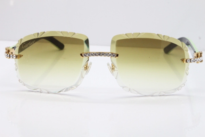 Cartier Rimless 8200762 Big Diamond Black Green Aztec Arms Sunglasses In Gold Brown Lens