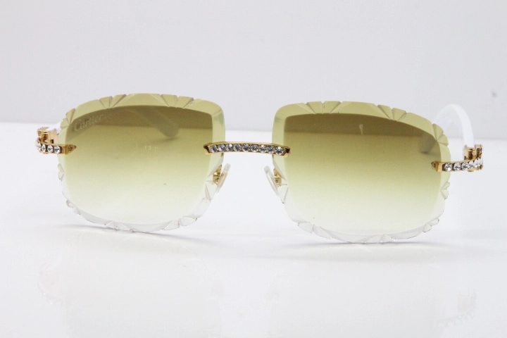 Cartier Rimless 8200762 Big Diamond White Aztec Arms Sunglasses In Gold Brown Lens 