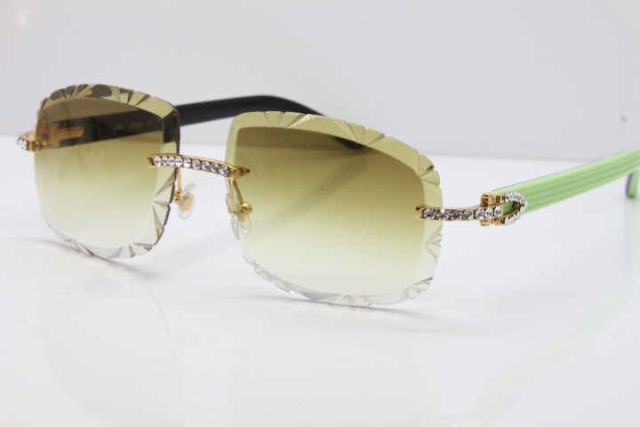 Cartier Rimless 8200762 Big Diamond Black Green Aztec Arms Sunglasses In Gold Brown Lens