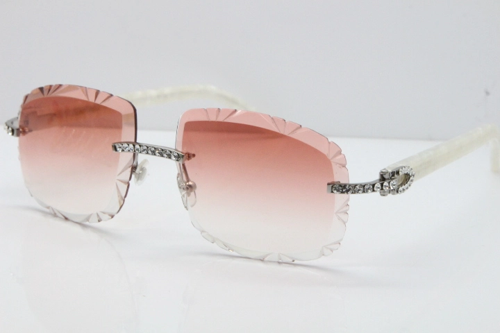 Cartier Rimless 8200762 Big Diamond Marble White Aztec Arms Sunglasses In Gold Pink Lens