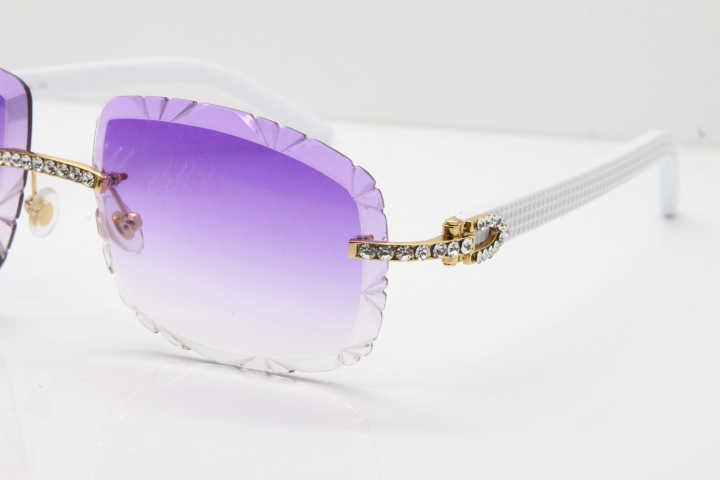 Cartier Rimless 8200762 Big Diamond White Aztec Arms Sunglasses In Gold Purple Lens 