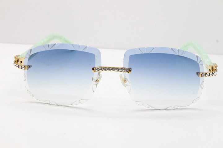 Cartier Rimless 8200762 Big Diamond Marble Green Aztec Arms Sunglasses In Gold Blue Lens 