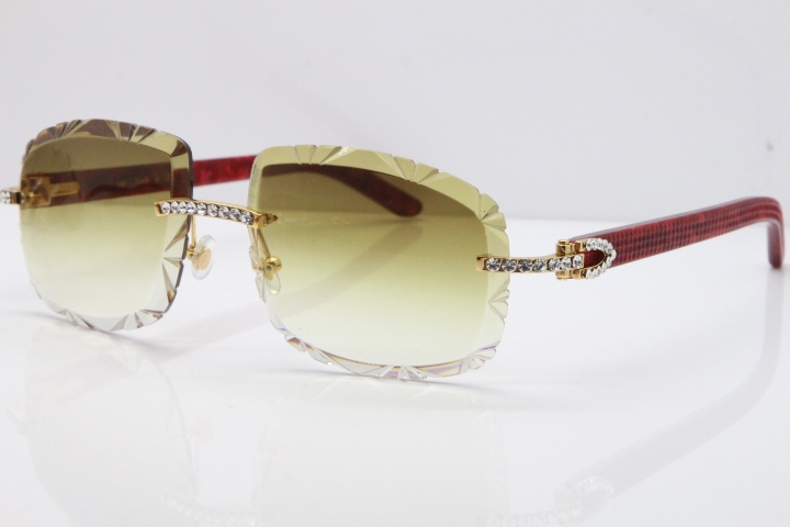 Cartier Rimless 8200762 Big Diamond Marble Red Aztec Arms Sunglasses In Gold Brown Lens