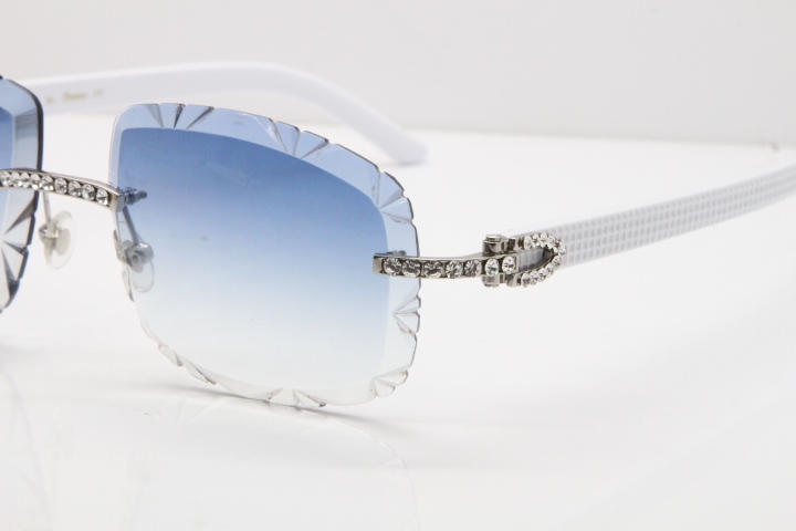 Cartier Rimless 8200762 Big Diamond White Aztec Arms Sunglasses In Gold Blue Lens 