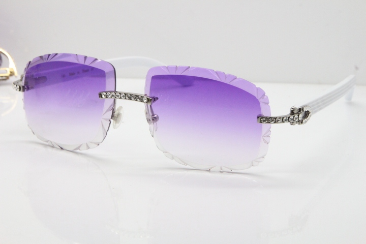 Cartier Rimless 8200762 Big Diamond White Aztec Arms Sunglasses In Gold Purple Lens 