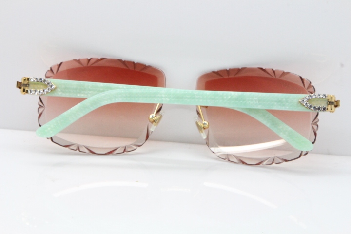 Cartier Rimless 8200762 Big Diamond Marble Green Aztec Arms Sunglasses In Gold Pink Lens