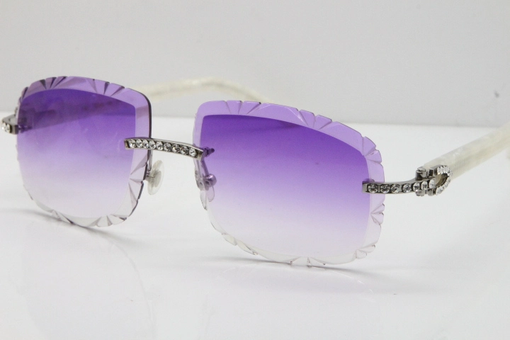 Cartier Rimless 8200762 Big Diamond Marble White Aztec Arms Sunglasses In Gold Purple Lens