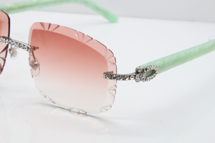 Cartier Rimless 8200762 Big Diamond Marble Green Aztec Arms Sunglasses In Gold Pink Lens