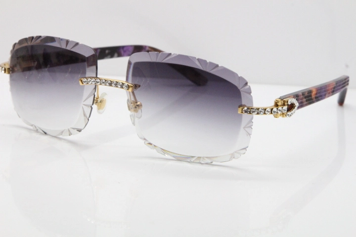 Cartier Rimless 8200762 Big Diamond Marble Purple Aztec Arms Sunglasses In Gold Gray Lens