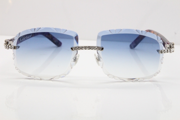 Cartier Rimless 8200762 Big Diamond Marble Purple Aztec Arms Sunglasses In Gold Blue Lens