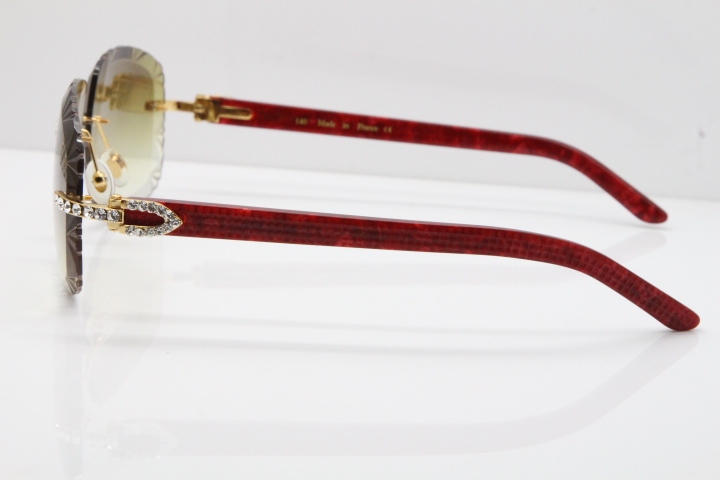 Cartier Rimless 8200762 Big Diamond Marble Red Aztec Arms Sunglasses In Gold Brown Lens