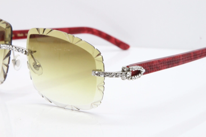 Cartier Rimless 8200762 Big Diamond Marble Red Aztec Arms Sunglasses In Gold Brown Lens