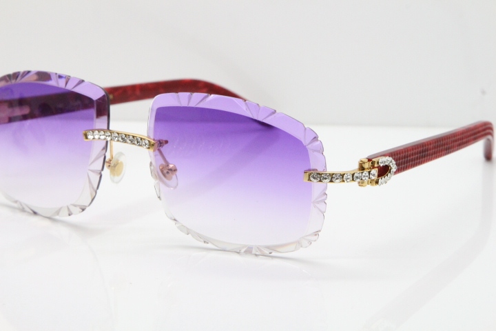 Cartier Rimless 8200762 Big Diamond Marble Red Aztec Arms Sunglasses In Gold Purple Lens