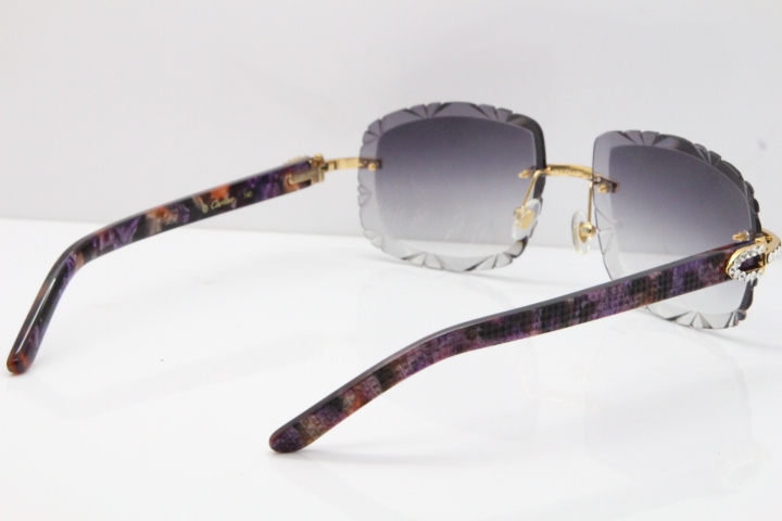 Cartier Rimless 8200762 Big Diamond Marble Purple Aztec Arms Sunglasses In Gold Gray Lens