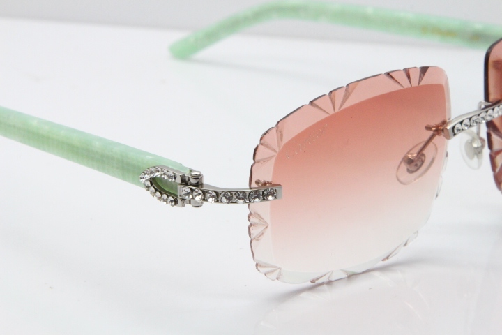 Cartier Rimless 8200762 Big Diamond Marble Green Aztec Arms Sunglasses In Gold Pink Lens