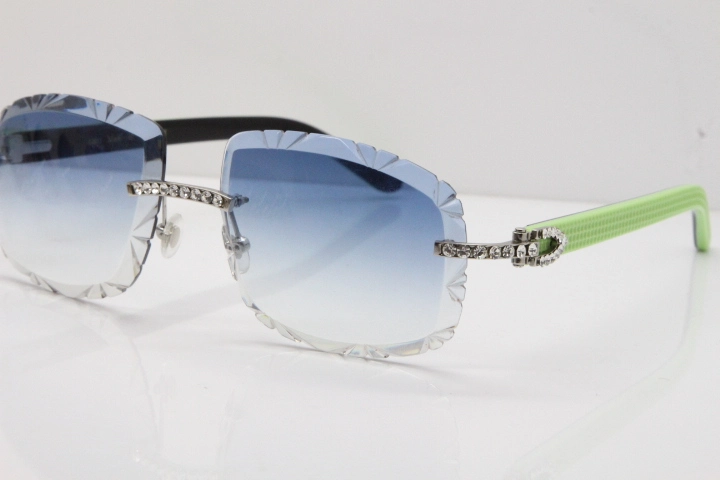 Cartier Rimless 8200762 Big Diamond Black Green Aztec Arms Sunglasses In Gold Blue Lens