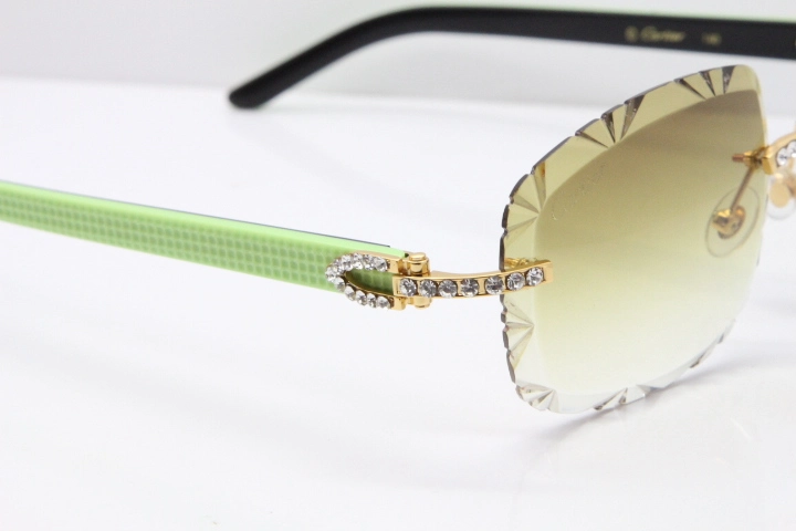 Cartier Rimless 8200762 Big Diamond Black Green Aztec Arms Sunglasses In Gold Brown Lens