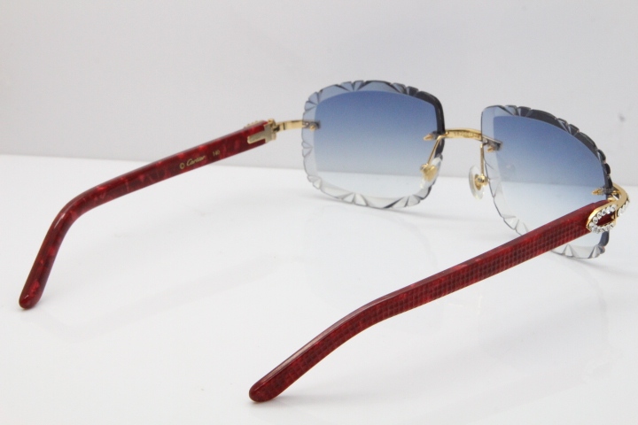 Cartier Rimless 8200762 Big Diamond Marble Red Aztec Arms Sunglasses In Gold Blue LensLens