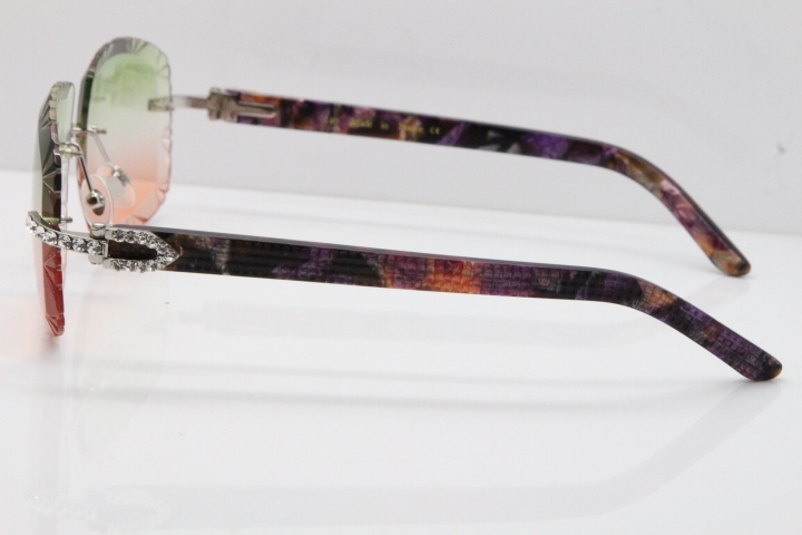 Cartier Rimless 8200762 Big Diamond Marble Purple Aztec Arms Sunglasses In Gold Green Brown Lens 