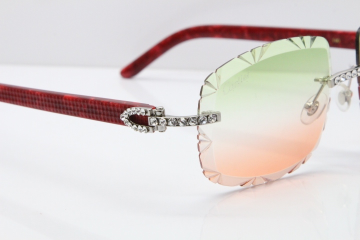 Cartier Rimless 8200762 Big Diamond Marble Red Aztec Arms Sunglasses In Gold Green Brown Lens