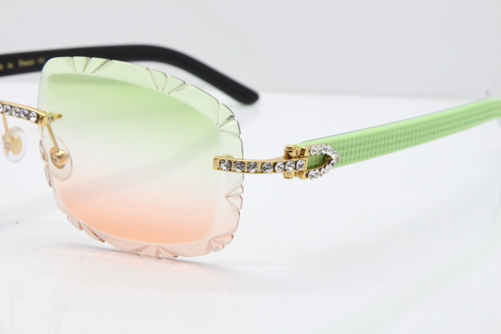 Cartier Rimless 8200762 Big Diamond  Black Green Aztec Arms Sunglasses In Gold Green Brown Lens