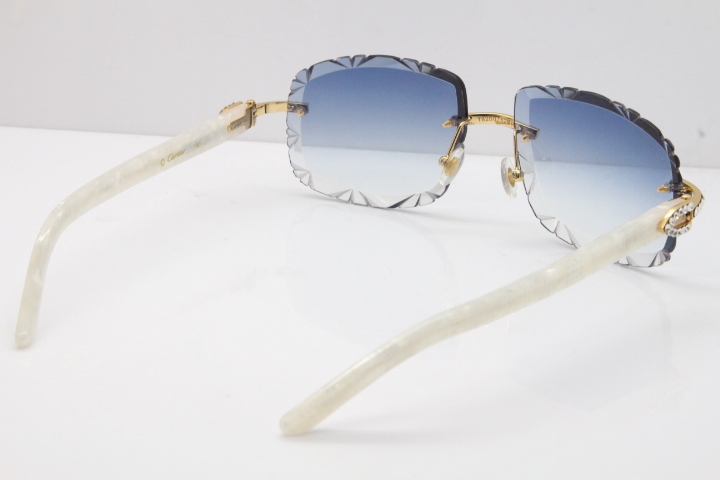 Cartier Rimless 8200762 Big Diamond Marble White Aztec Arms Sunglasses In Gold Blue Lens