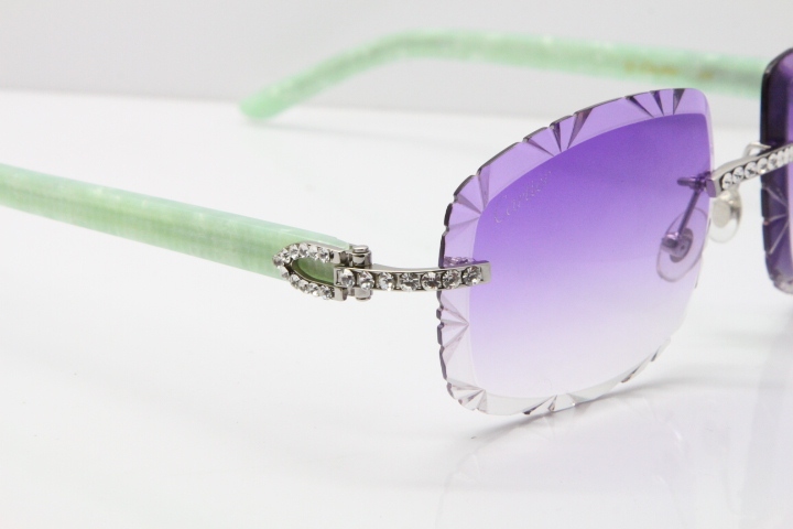 Cartier Rimless 8200762 Big Diamond Marble Green Aztec Arms Sunglasses In Gold Purple Lens 