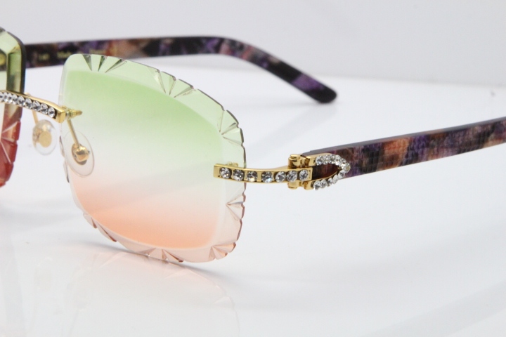 Cartier Rimless 8200762 Big Diamond Marble Purple Aztec Arms Sunglasses In Gold Green Brown Lens 