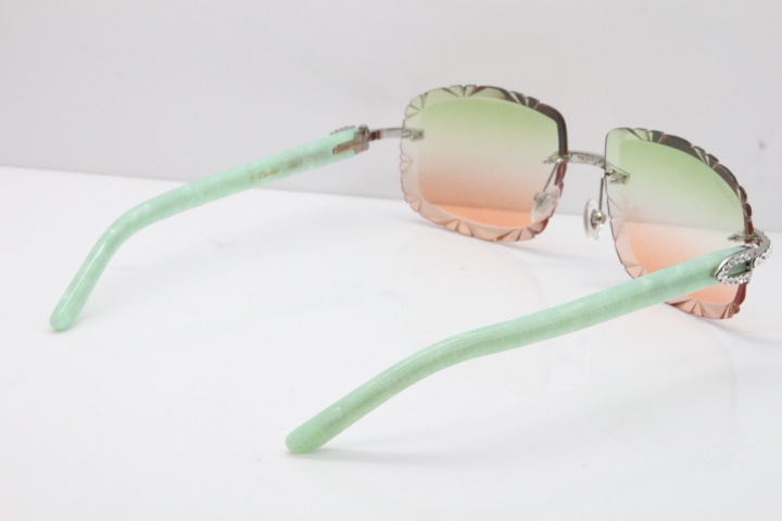 Cartier Rimless 8200762 Big Diamond Marble Green Aztec Arms Sunglasses In Gold Green Brown Lens 