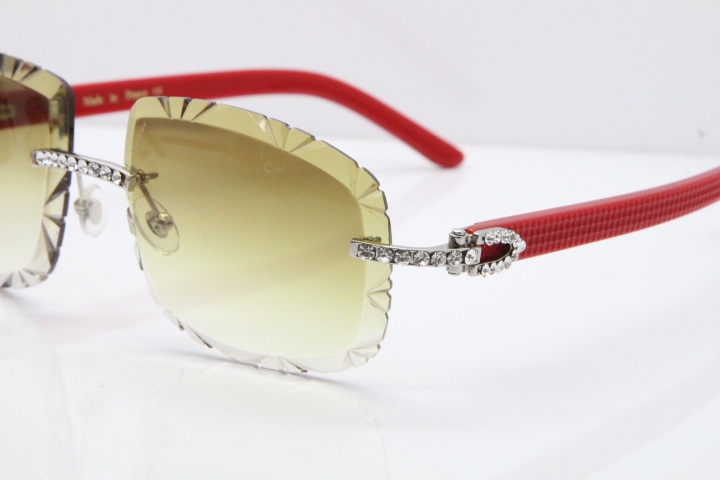 Cartier Rimless 8200762 Big Diamond Red Aztec Arms Sunglasses In Gold Brown Lens