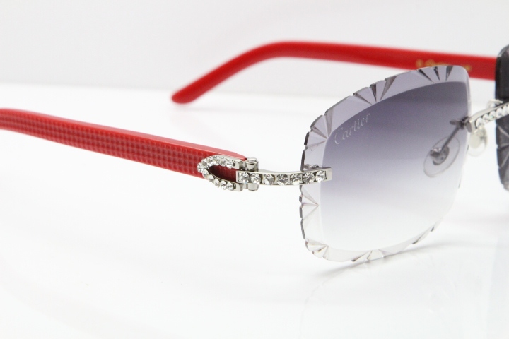 Cartier Rimless 8200762 Big Diamond Red Aztec Arms Sunglasses In Gold Gray Lens